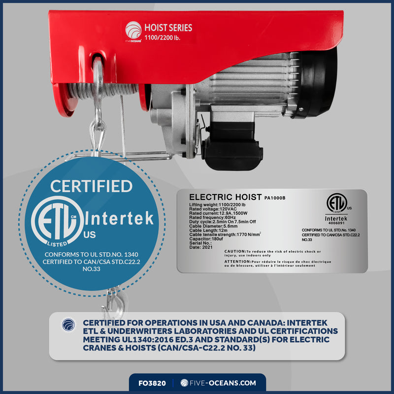 2200 Lb. Electric Hoist with 6Ft Cable Control, 120V AC - FO3820 - Five Oceans
