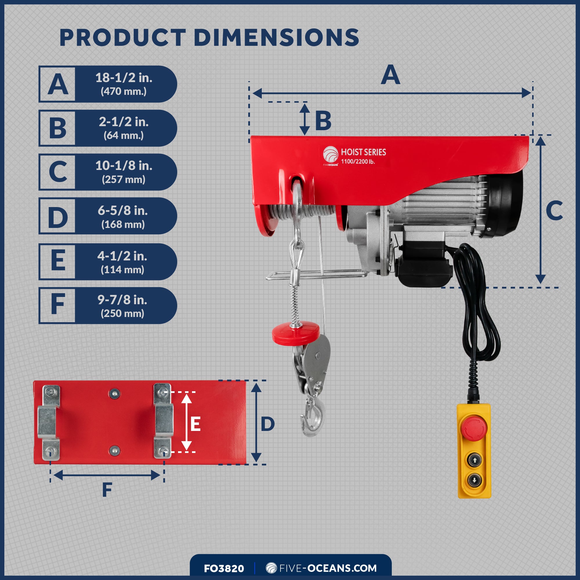 2200 Lb. Electric Hoist with 6Ft Cable Control, 120V AC - FO3820 - Five Oceans