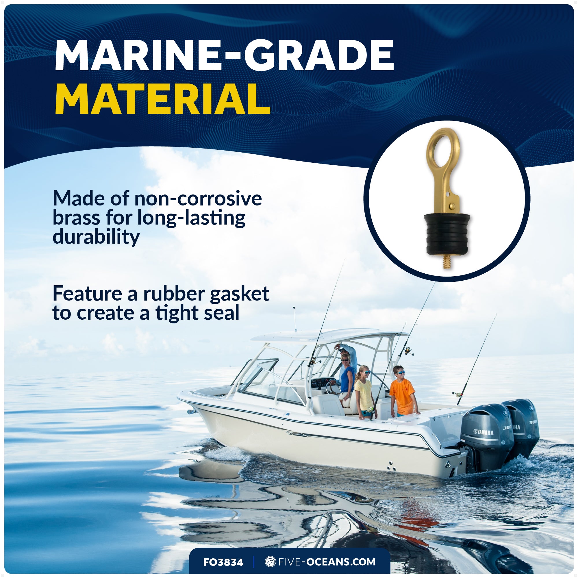 Snap-Handle Drain Plug for 1-1/4" Transom Hole, Rubber/Brass - FO3834 - Five Oceans