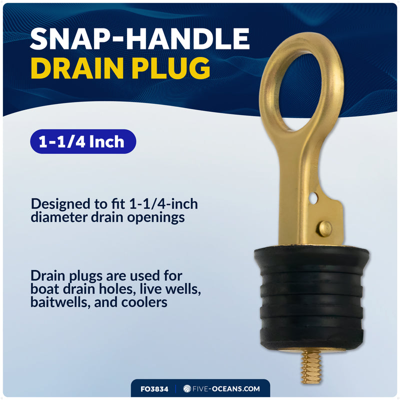 Snap-Handle Drain Plug for 1-1/4" Transom Hole, Rubber/Brass - FO3834 - Five Oceans