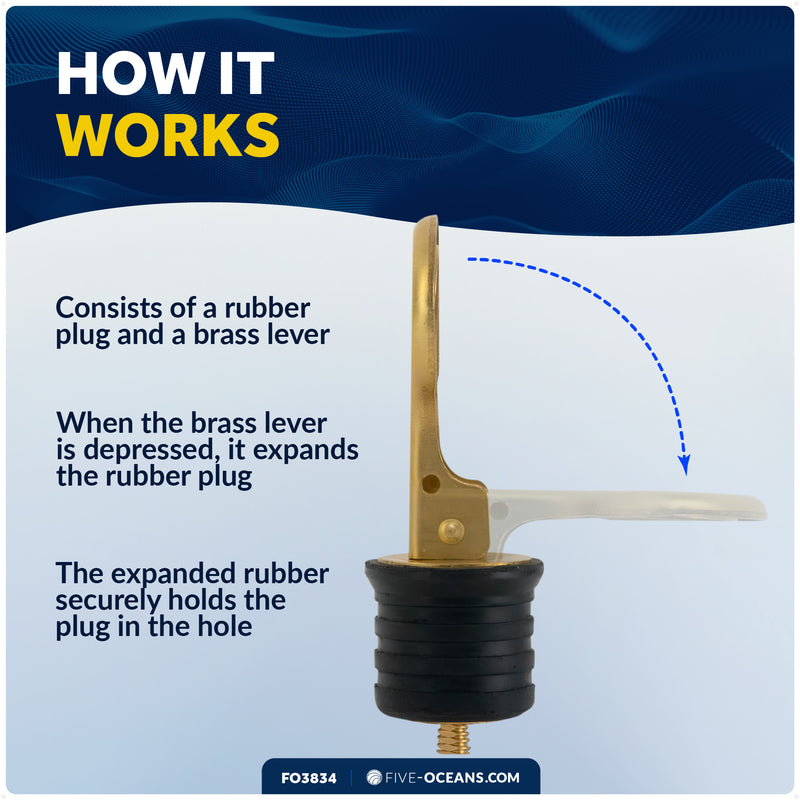 Snap-Handle Drain Plug for 1-1/4" Transom Hole, Rubber/Brass - FO3834 - Five Oceans