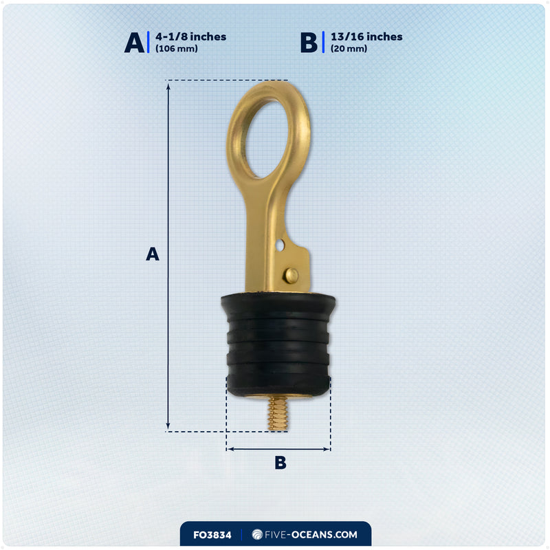 Snap-Handle Drain Plug for 1-1/4" Transom Hole, Rubber/Brass - FO3834 - Five Oceans