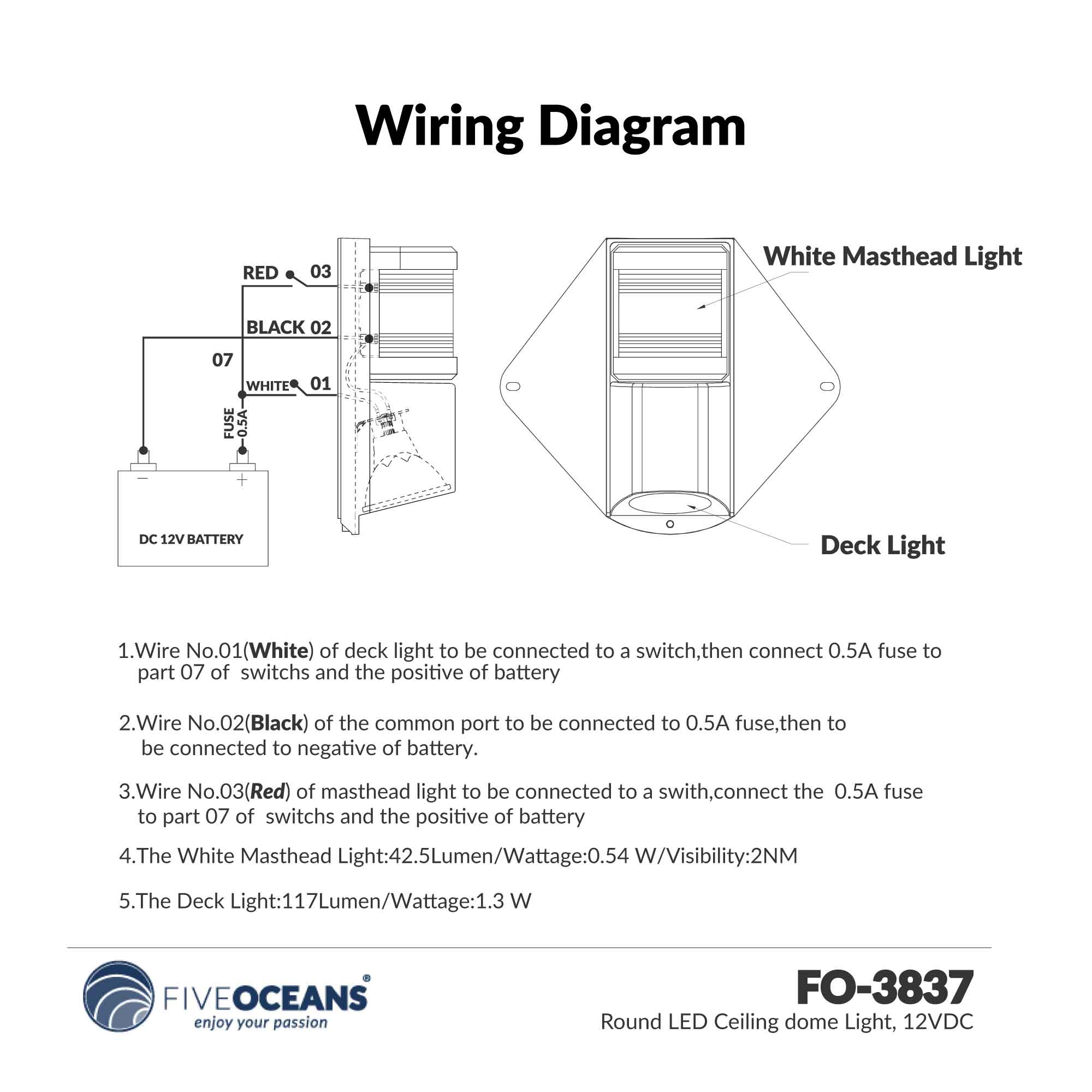 LED Combination Masthead Deck Light, 12V, Vertical Mount - FO3837 - Five Oceans