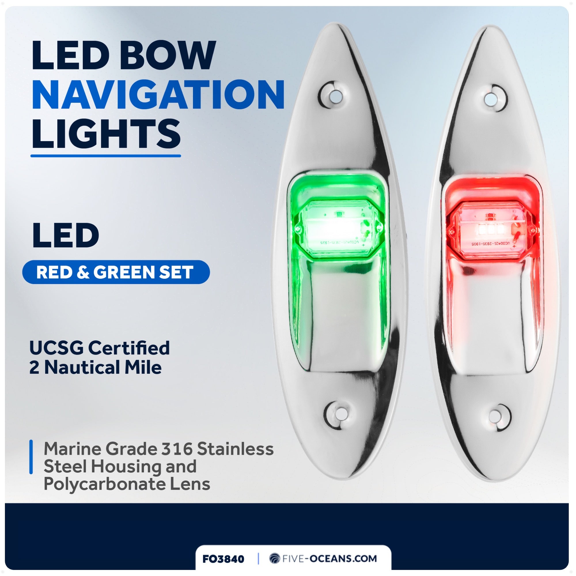 LED Bow Navigation Lights, 2NM, Flush Mount, Red/Green - FO3840 - Five Oceans