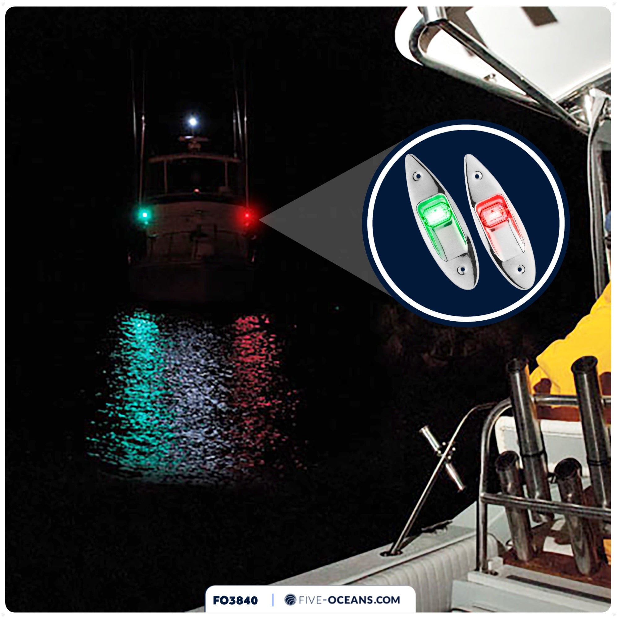 LED Bow Navigation Lights, 2NM, Flush Mount, Red/Green - FO3840 - Five Oceans