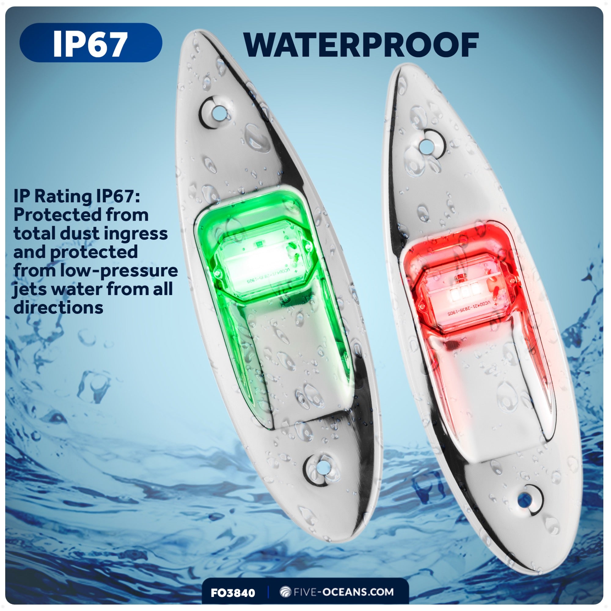 LED Bow Navigation Lights, 2NM, Flush Mount, Red/Green - FO3840 - Five Oceans