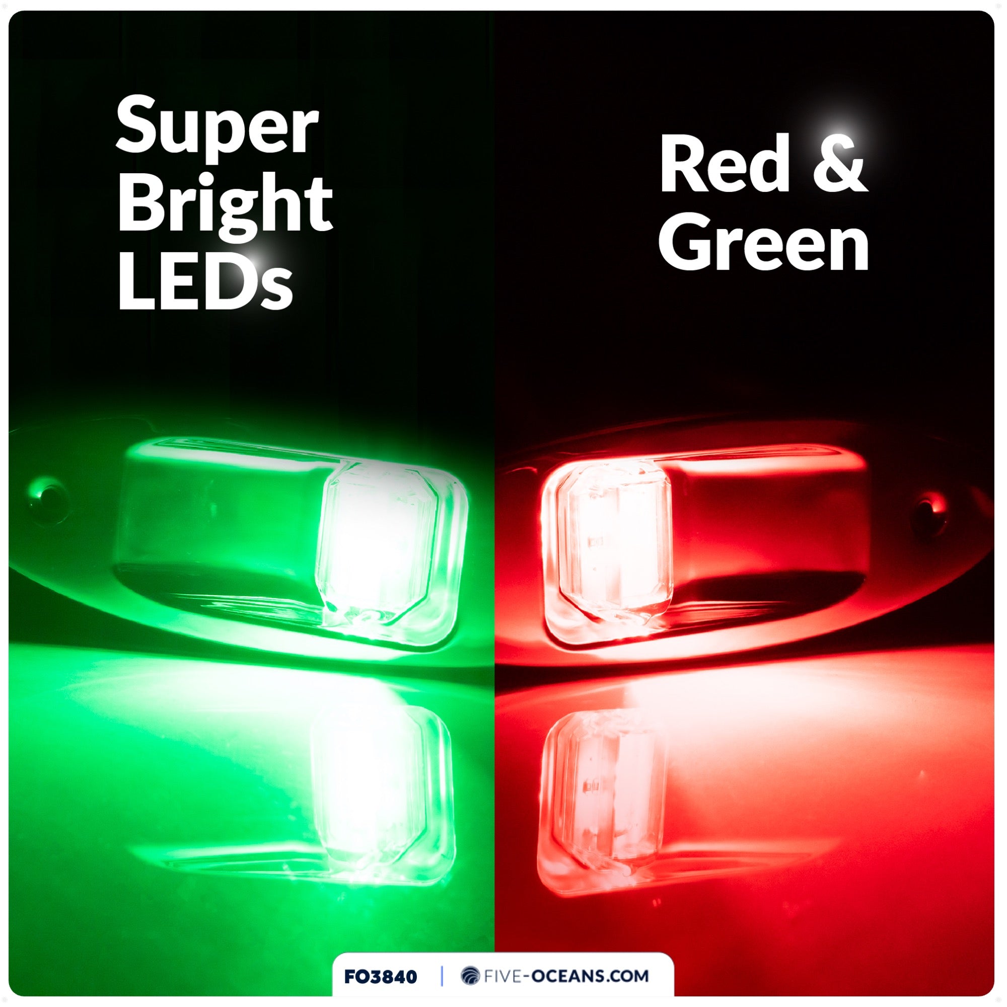 LED Bow Navigation Lights, 2NM, Flush Mount, Red/Green - FO3840 - Five Oceans