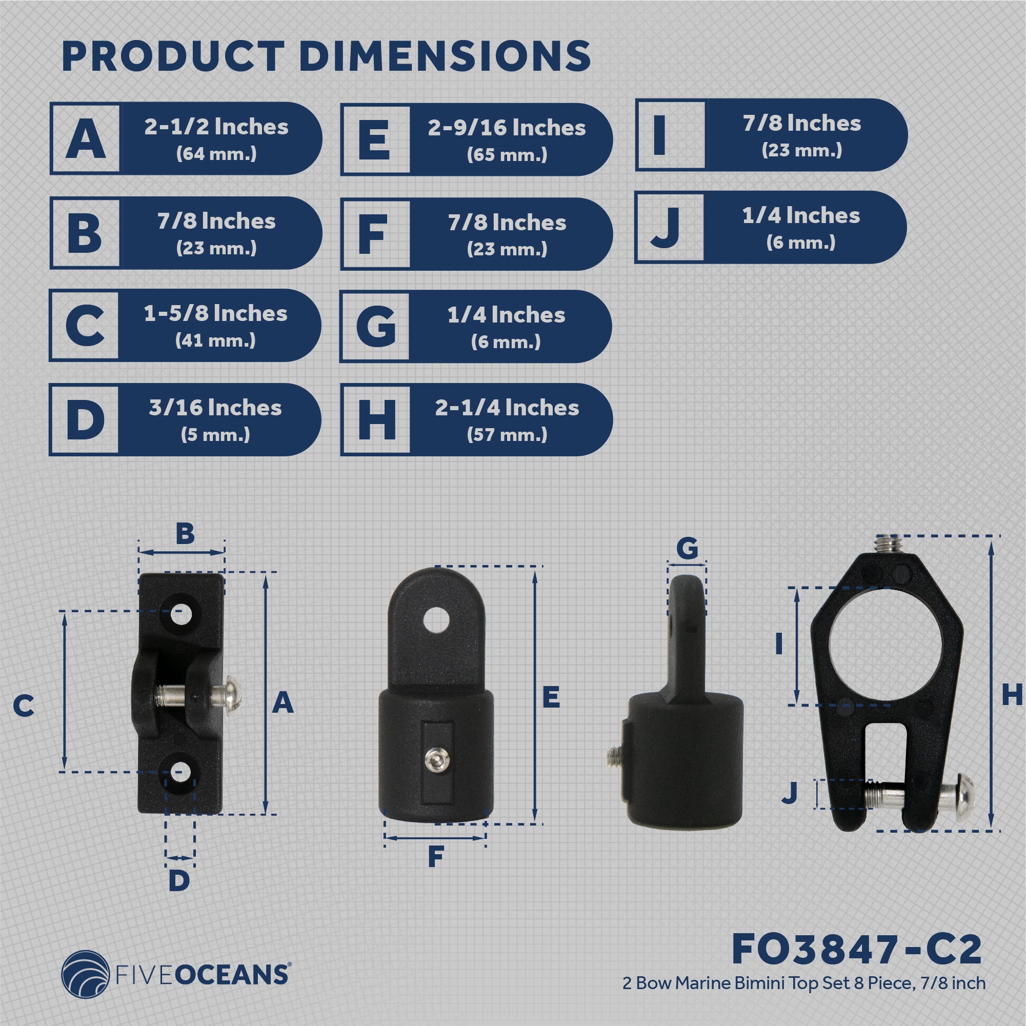 2 Bow Bimini Top Hardware Set 8 Piece, Fitting Fit 7/8", Black Nylon - FO3847-C2 - Five Oceans