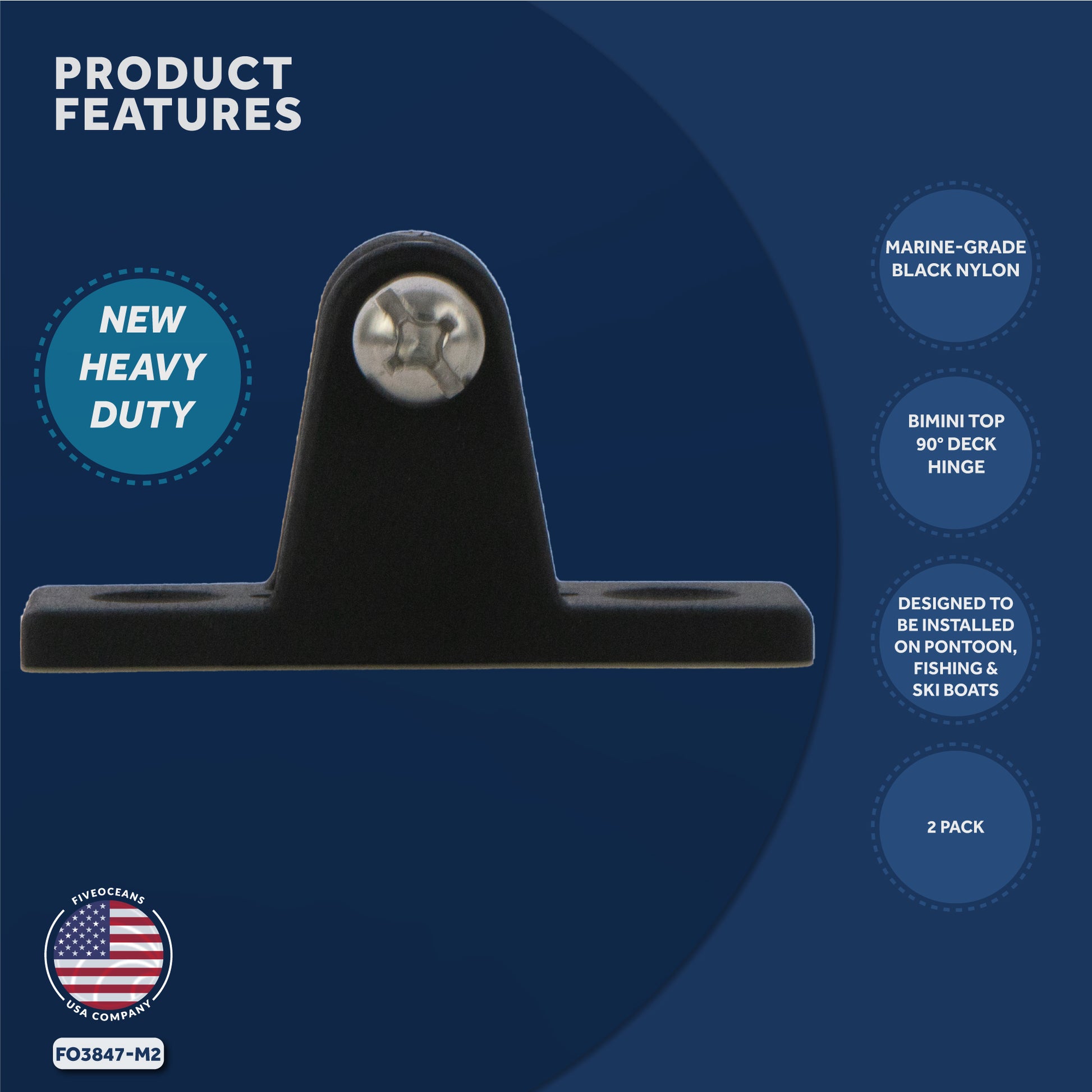Bimini Top Hardware 90 Degree Deck Hinge with Screw Pin, Black Nylon - 2-Pack - FO3847-M2 - Five Oceans