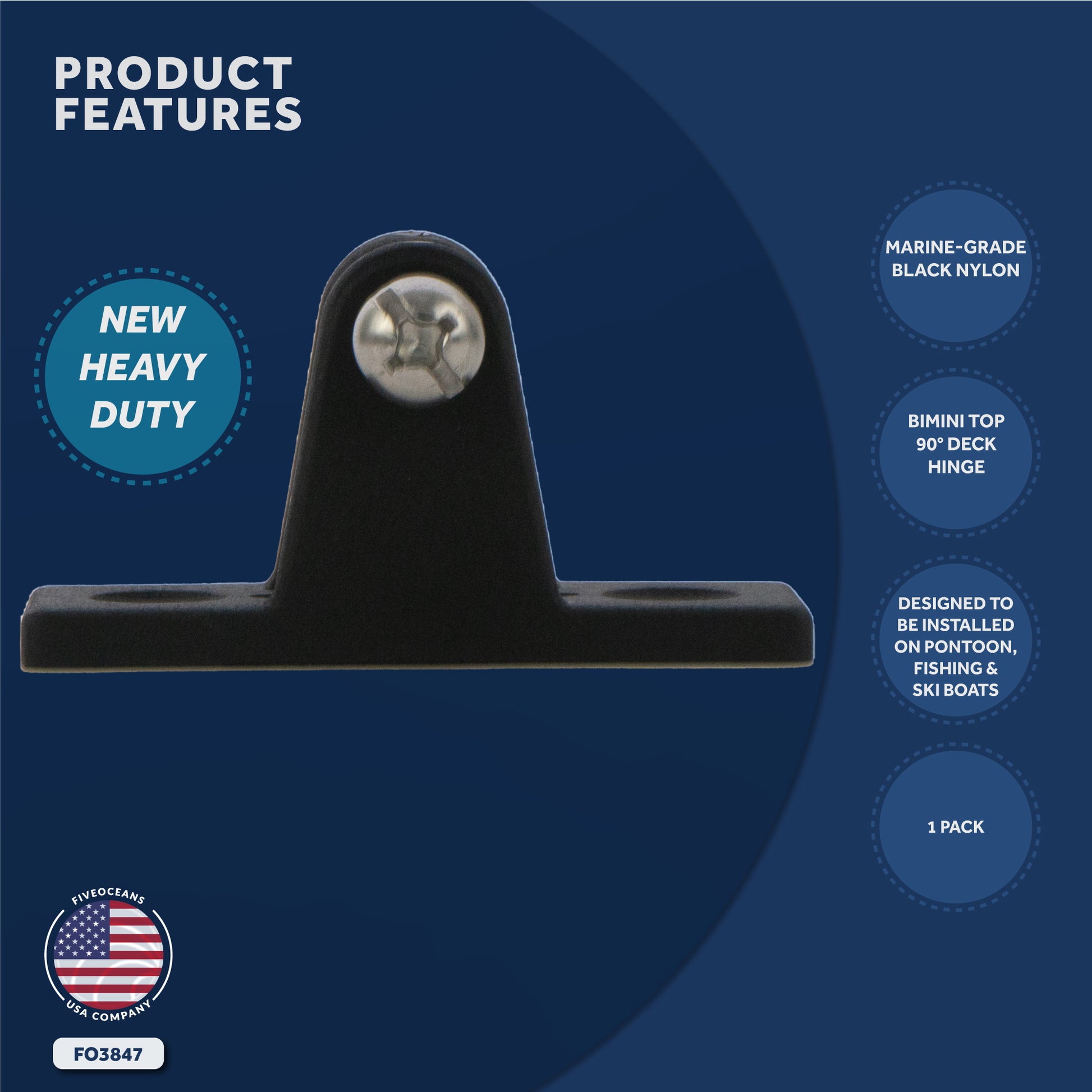 Bimini Top Hardware 90 Degree Deck Hinge with Screw Pin, Black Nylon - FO3847 - Five Oceans