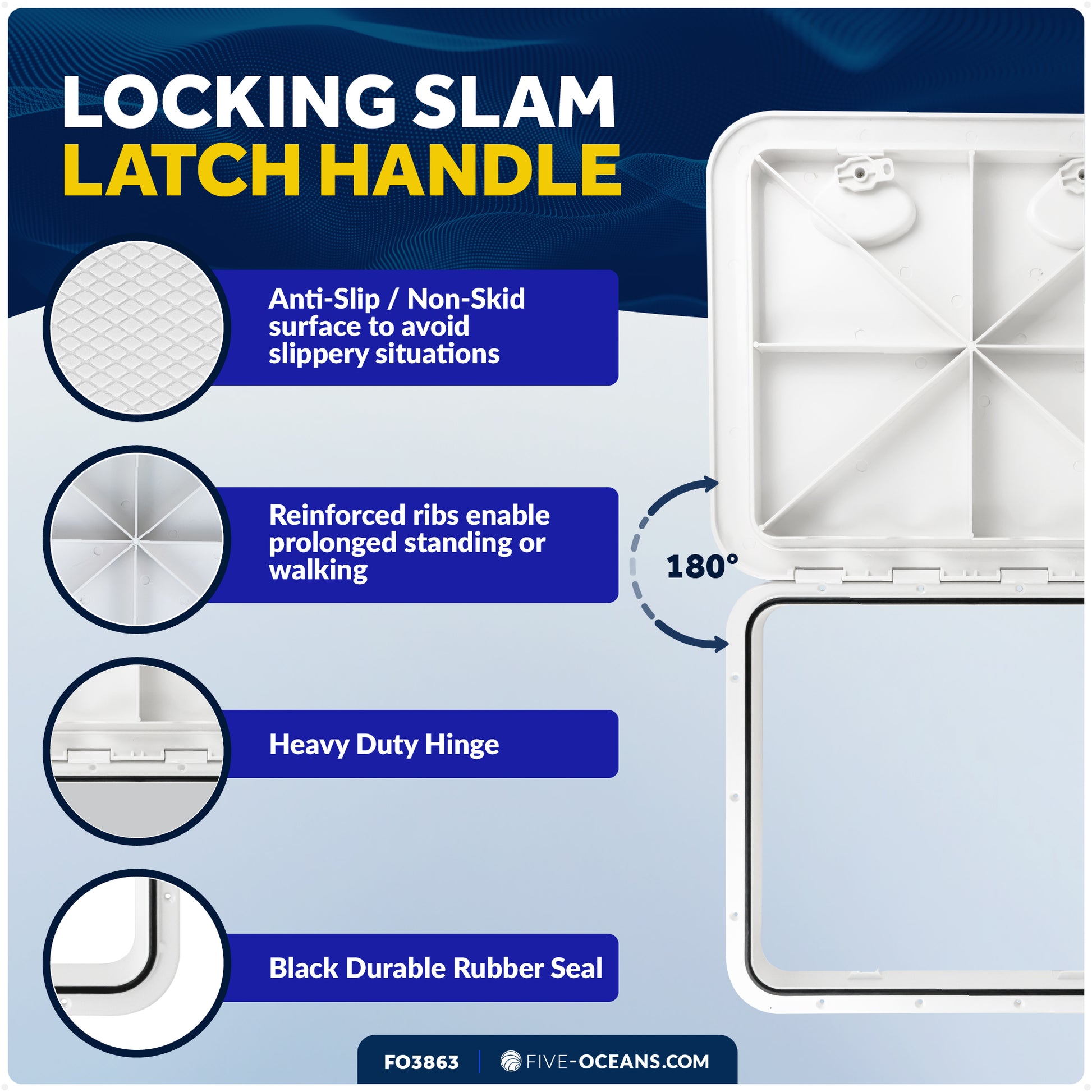 Boat Access Hatch, 20-3/8" x 18-1/16" Recessed Handle Locking System, White - FO3863 - Five Oceans