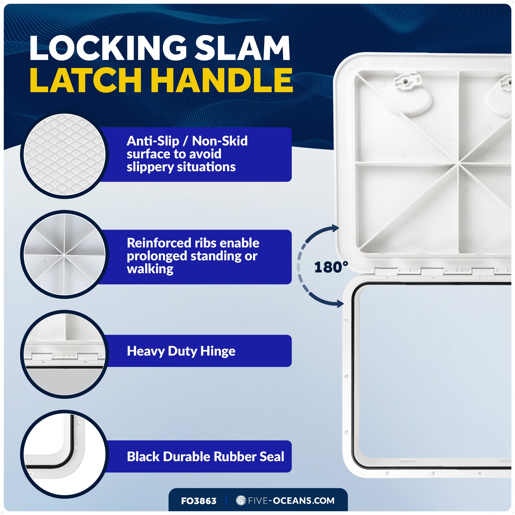 Boat Access Hatch, 20-3/8" x 18-1/16" Recessed Handle Locking System, White - FO3863 - Five Oceans