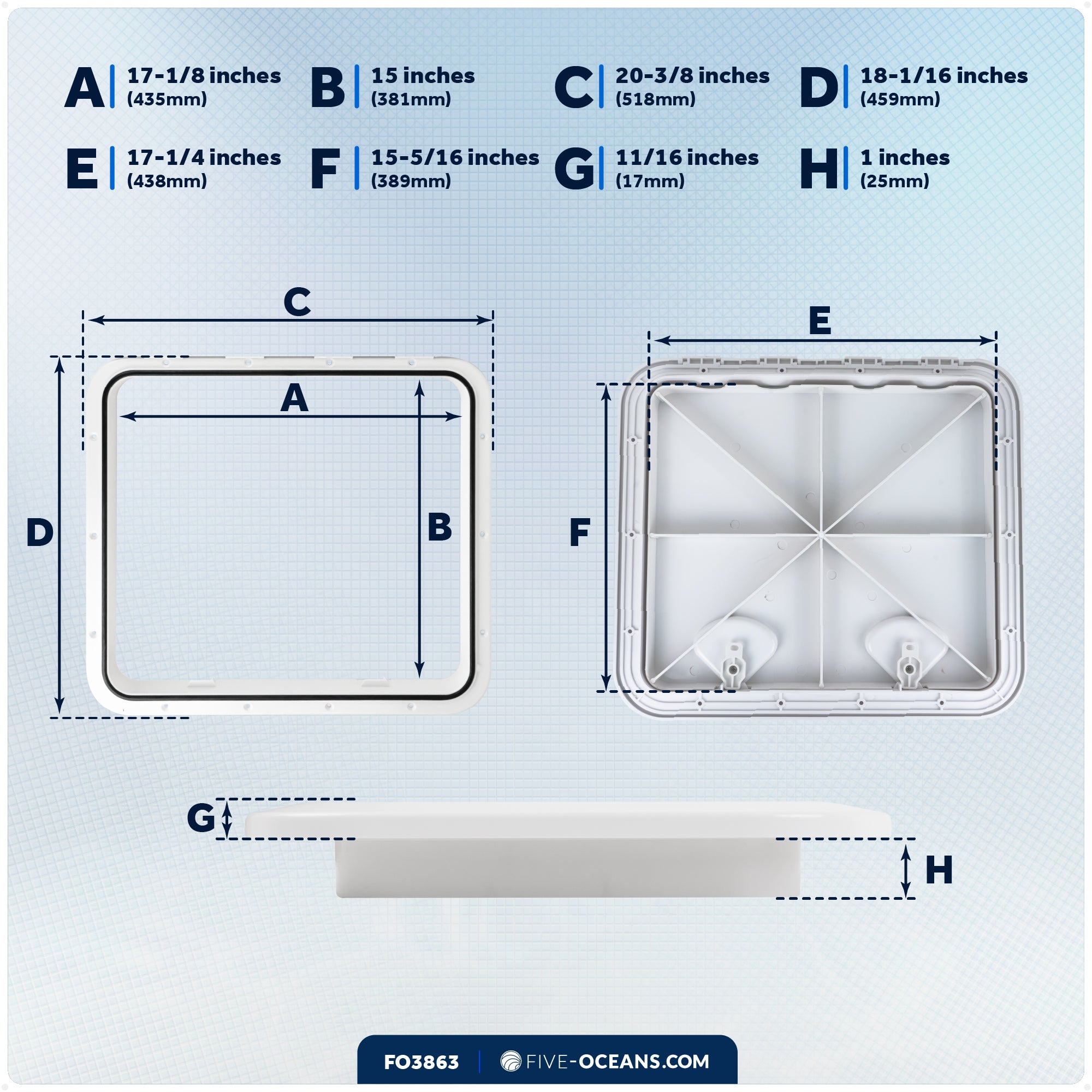 Boat Access Hatch, 20-3/8" x 18-1/16" Recessed Handle Locking System, White - FO3863 - Five Oceans