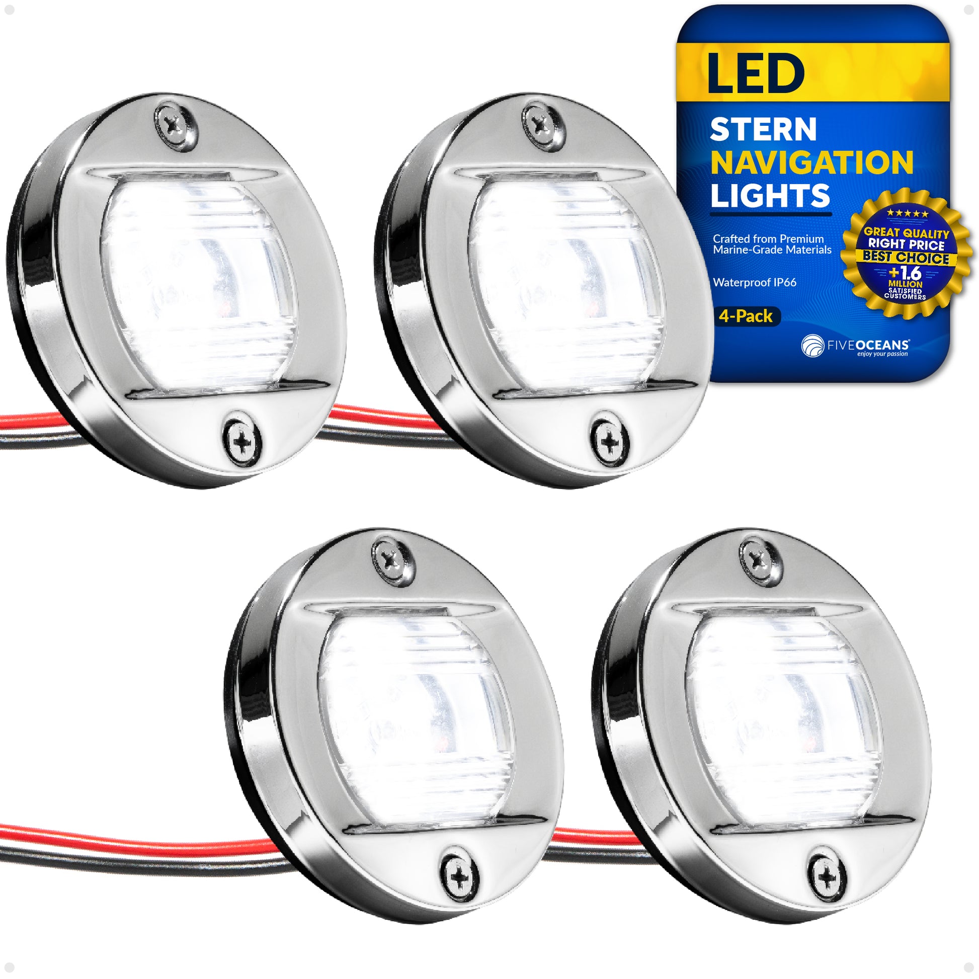 LED Courtesy Navigation Lights, Round Stainless Steel, Daylight, 4-Pack - FO3906-M4 - Five Oceans