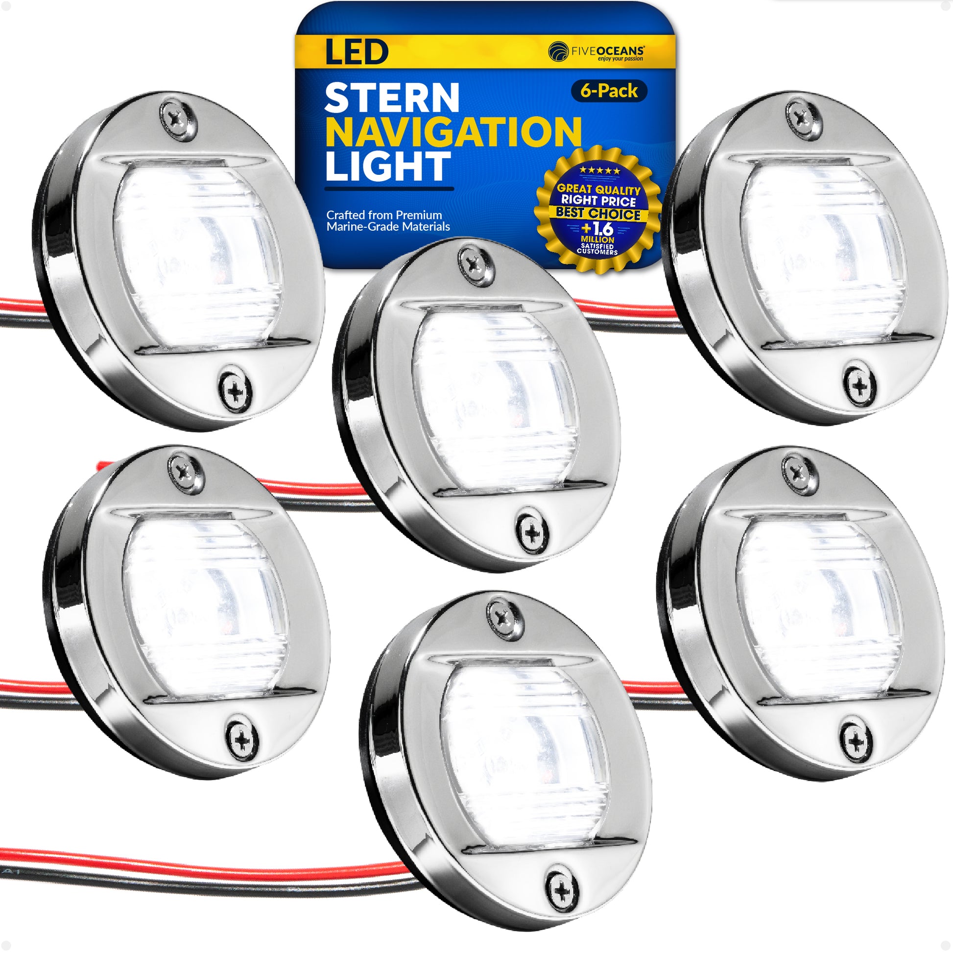 LED Courtesy Navigation Lights, Round Stainless Steel, Daylight, 6-Pack - FO3906-M6 - Five Oceans
