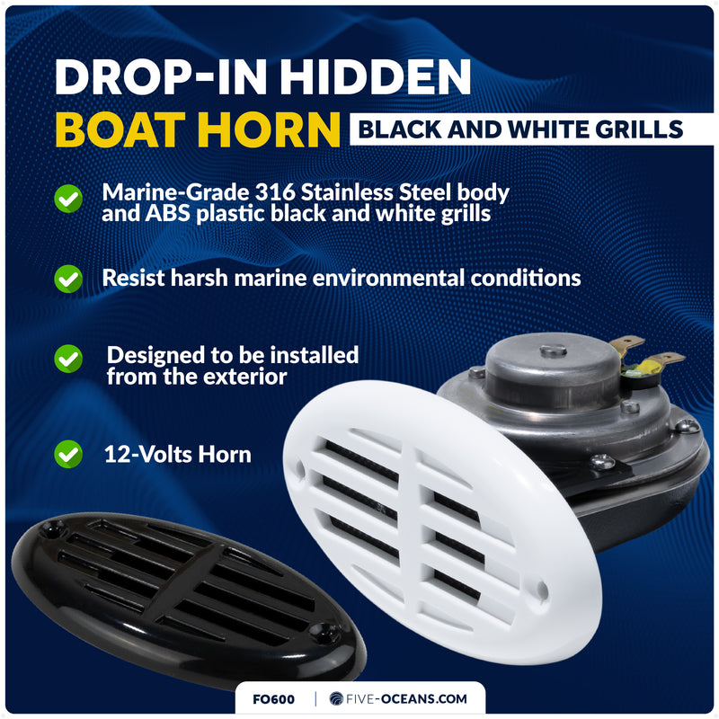 Drop-in Hidden Boat Horn with Black & White Grills, 12V, 110+5 dB - FO3914 - Five Oceans