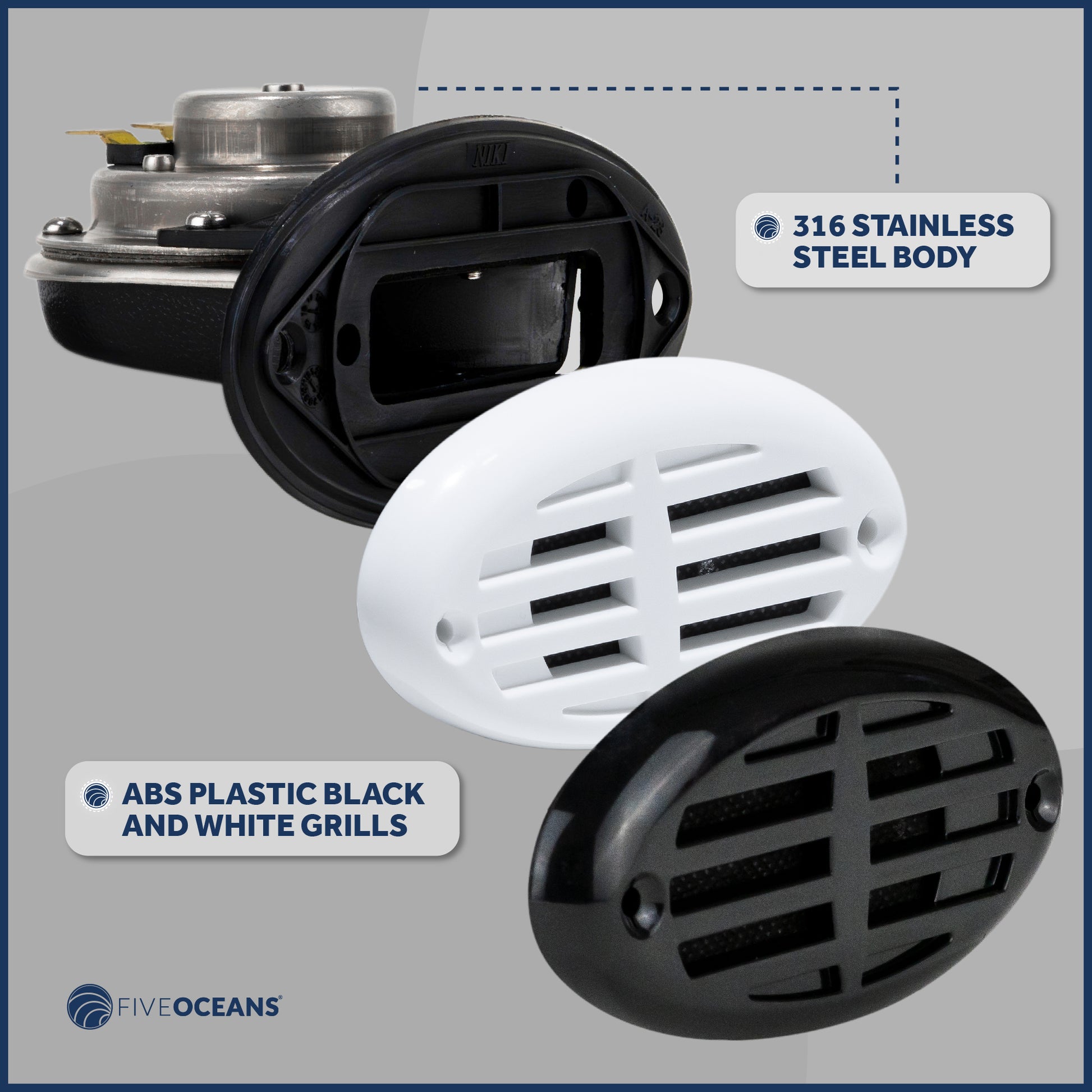 Drop-in Hidden Boat Horn with Black and White Grills, 12V - 110+5 dB - FO3914 - Five Oceans