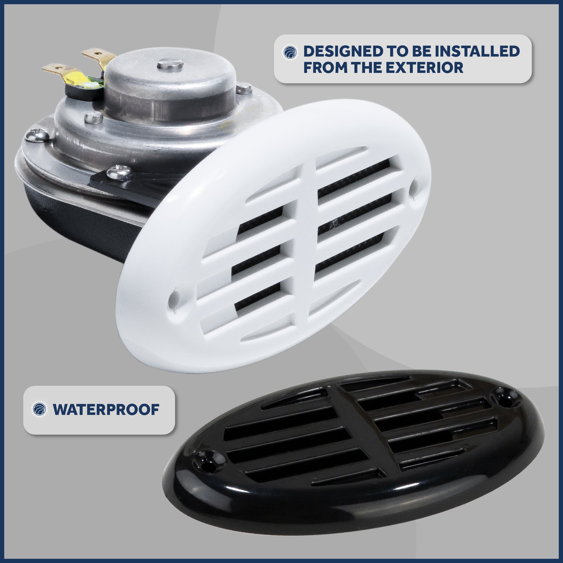 Drop-in Hidden Boat Horn with Black and White Grills, 12V - 110+5 dB - FO3914 - Five Oceans