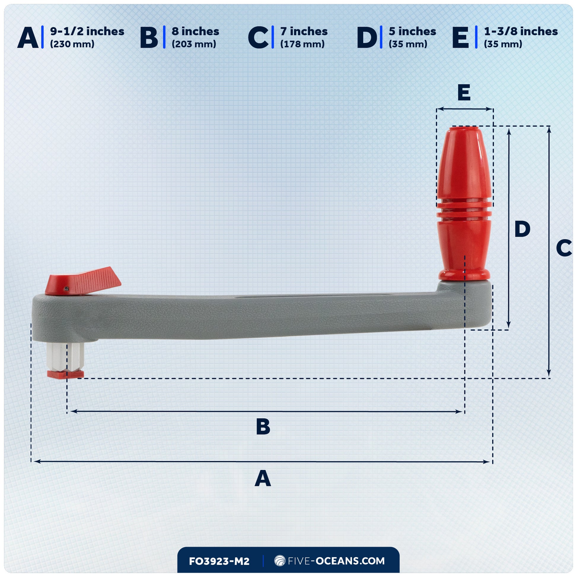 8" Universal Floating Lock-in Winch Handle, Grey/Red, 2-Pack - FO3923-M2 - Five Oceans