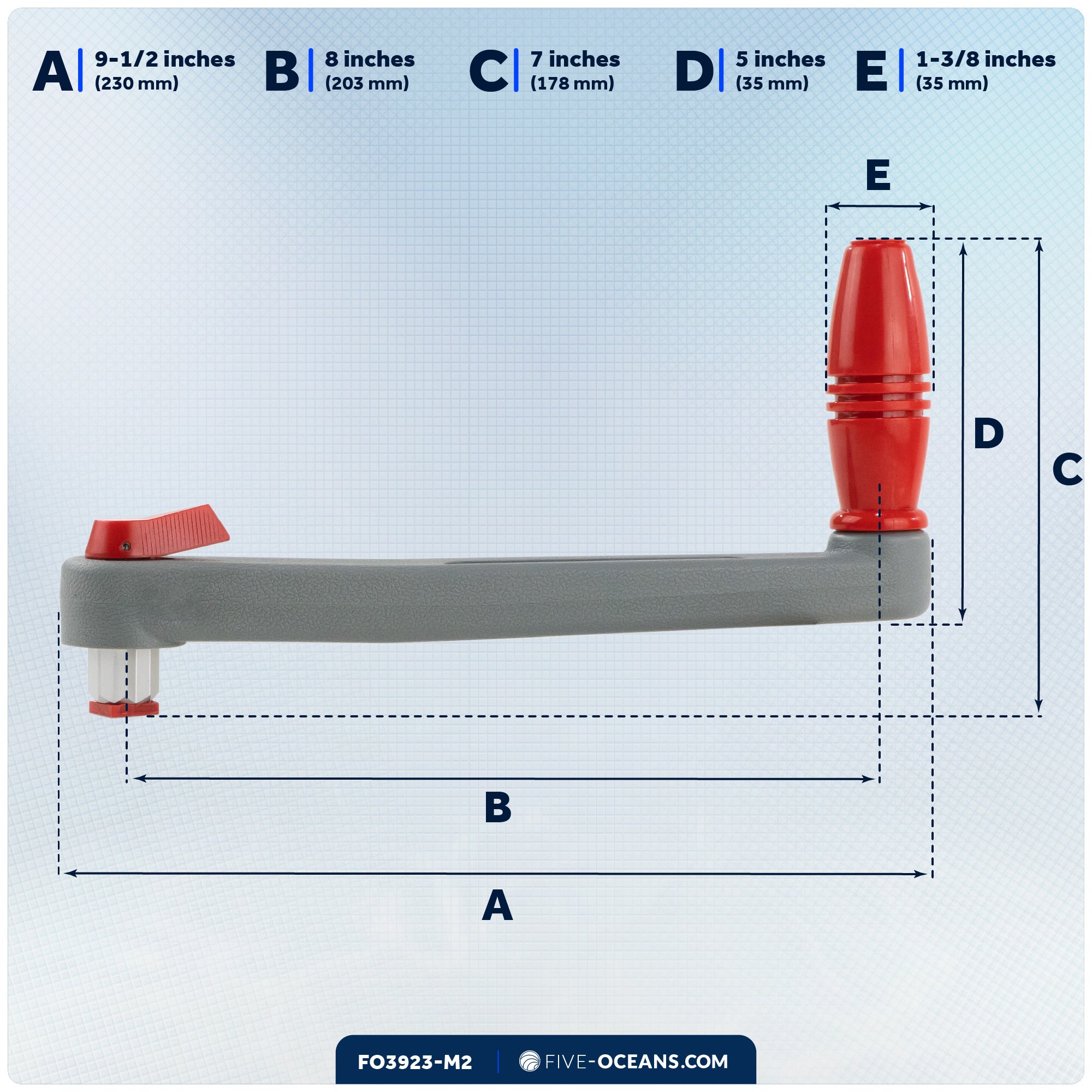 8" Universal Floating Lock-in Winch Handle, Grey/Red, 2-Pack - FO3923-M2 - Five Oceans