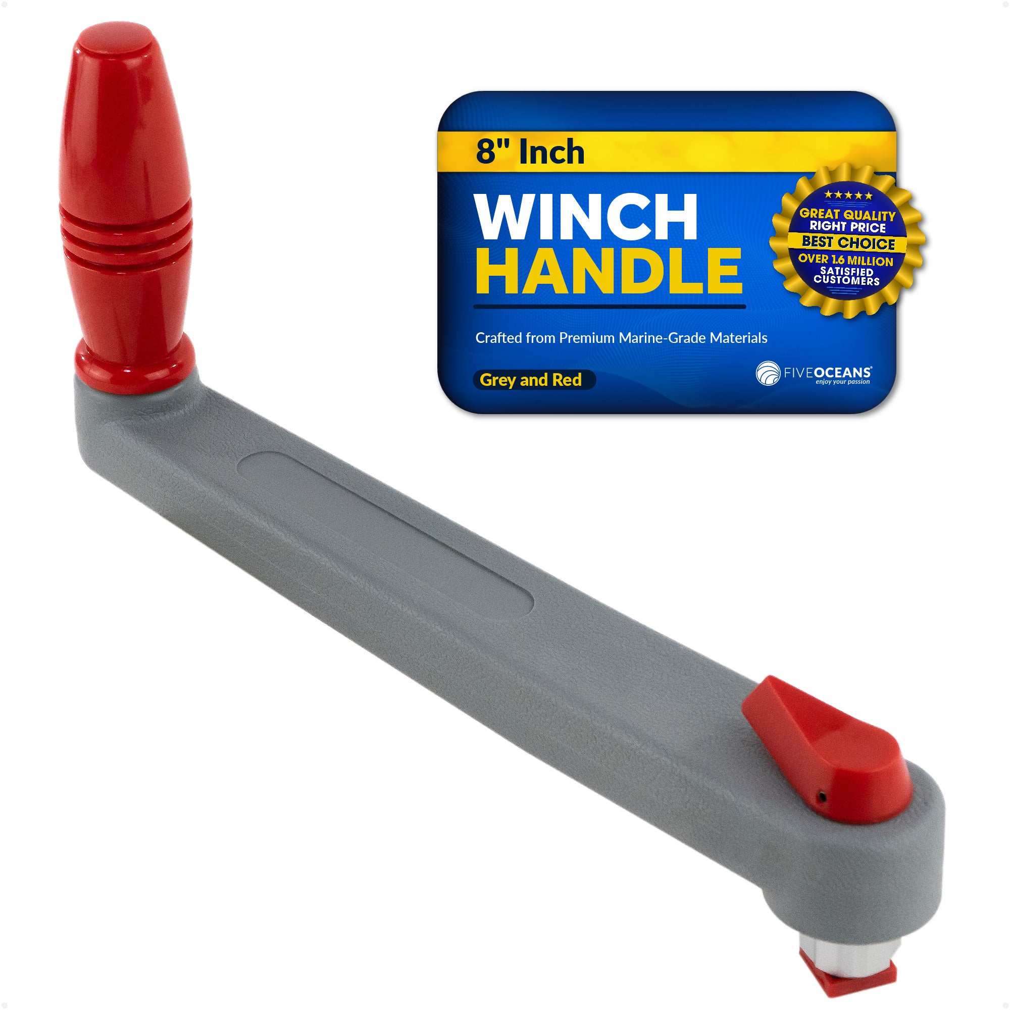 8" Sailboat Winch Handle, Universal Floating Lock-in Mechanism, Gray/Red - FO3923 - Five Oceans