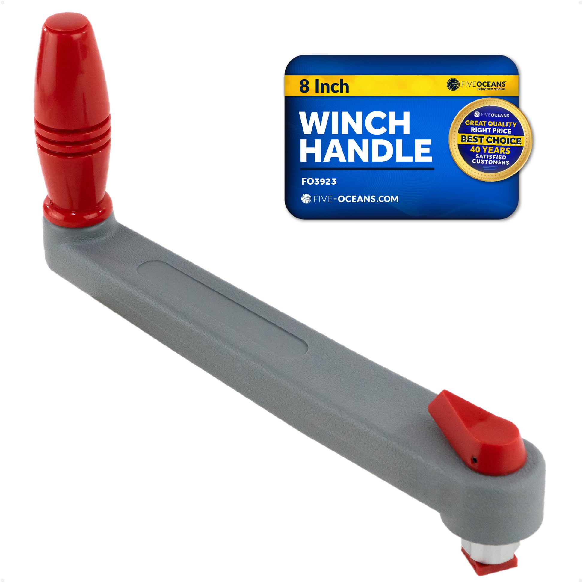 8" Sailboat Winch Handle, Universal Floating Lock-in Mechanism, Gray/Red - FO3923 - Five Oceans
