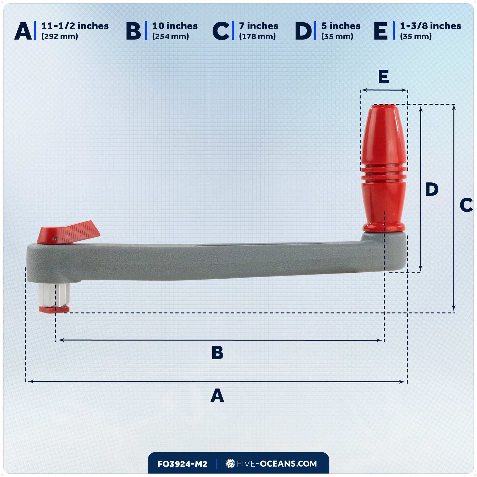 Universal Winch Handle, 10" Floating Lock-in Style, Grey/Red, 2-Pack - FO3924-M2 - Five Oceans