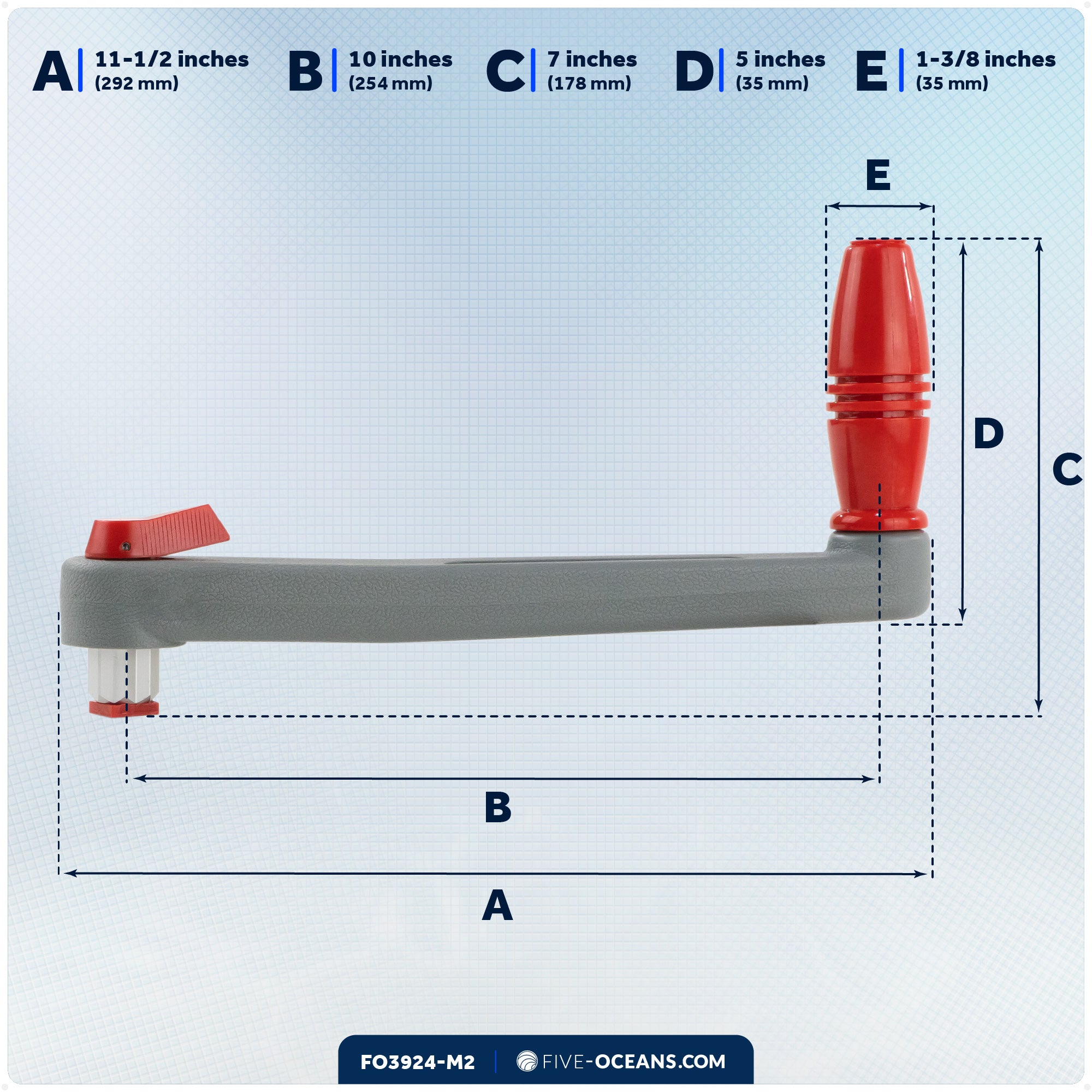 Universal Winch Handle, 10" Floating Lock-in Style, Grey/Red, 2-Pack - FO3924-M2 - Five Oceans
