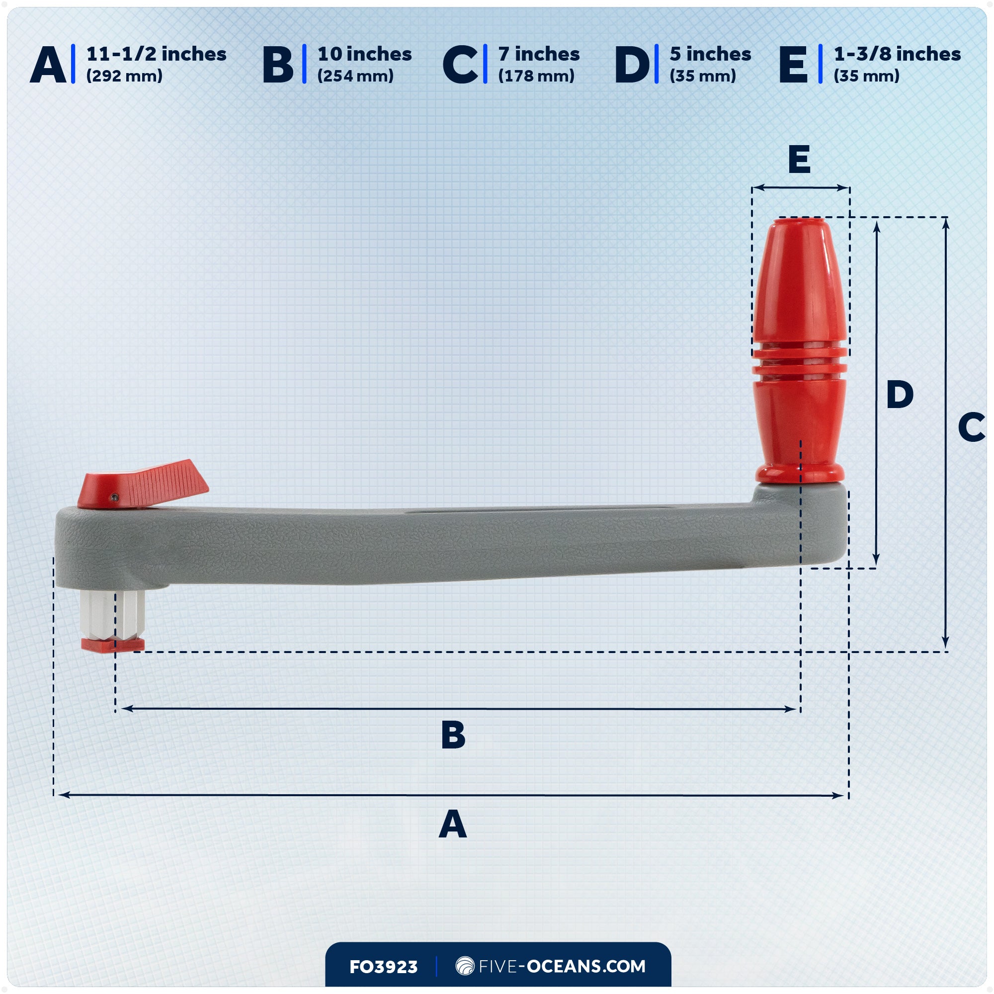 Universal Winch Handle, 10" Floating Lock-in Style, Grey/Red - FO3924 - Five Oceans