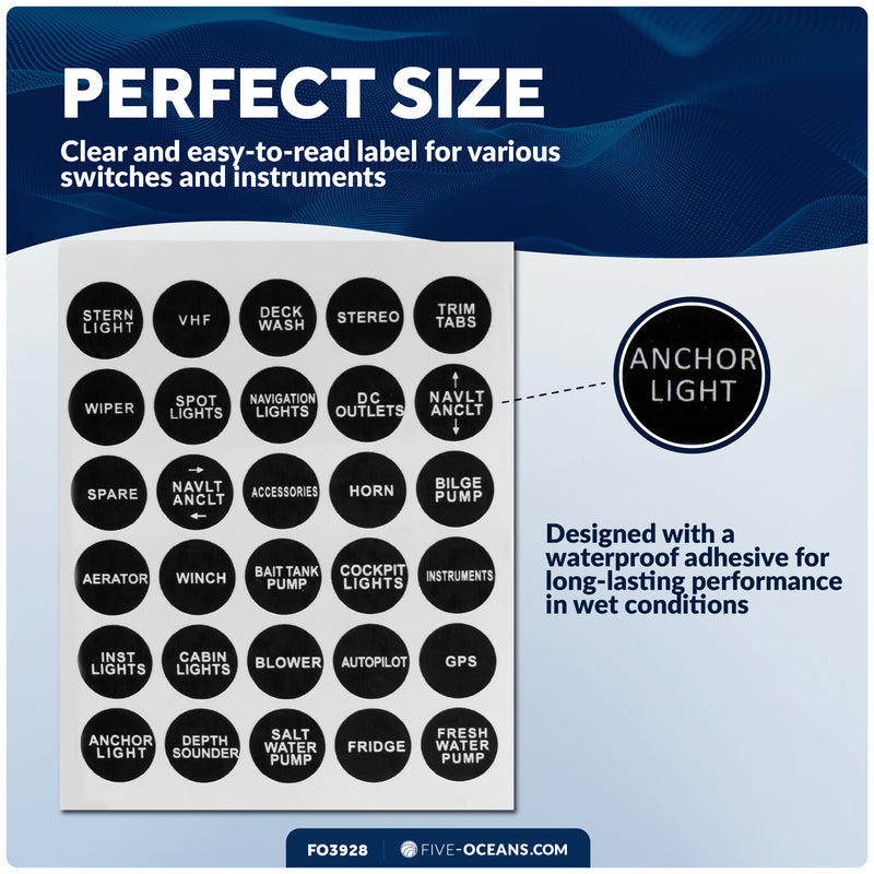 Round Switch Panel Labels, 30 Pieces Per Sheet - FO3928 - Five Oceans