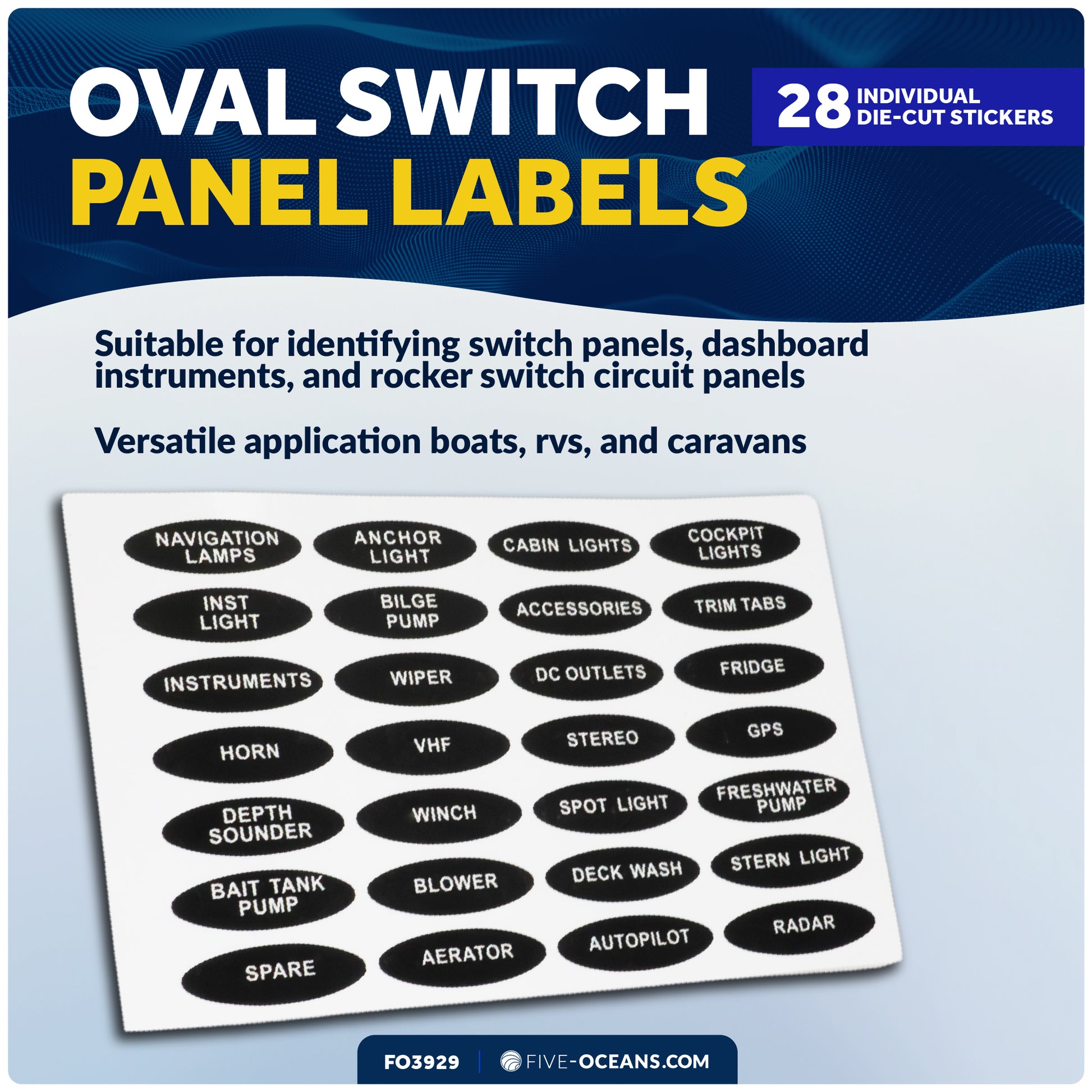 Oval Switch Panel Labels, 28 Pieces Per Sheet - FO3929 - Five Oceans