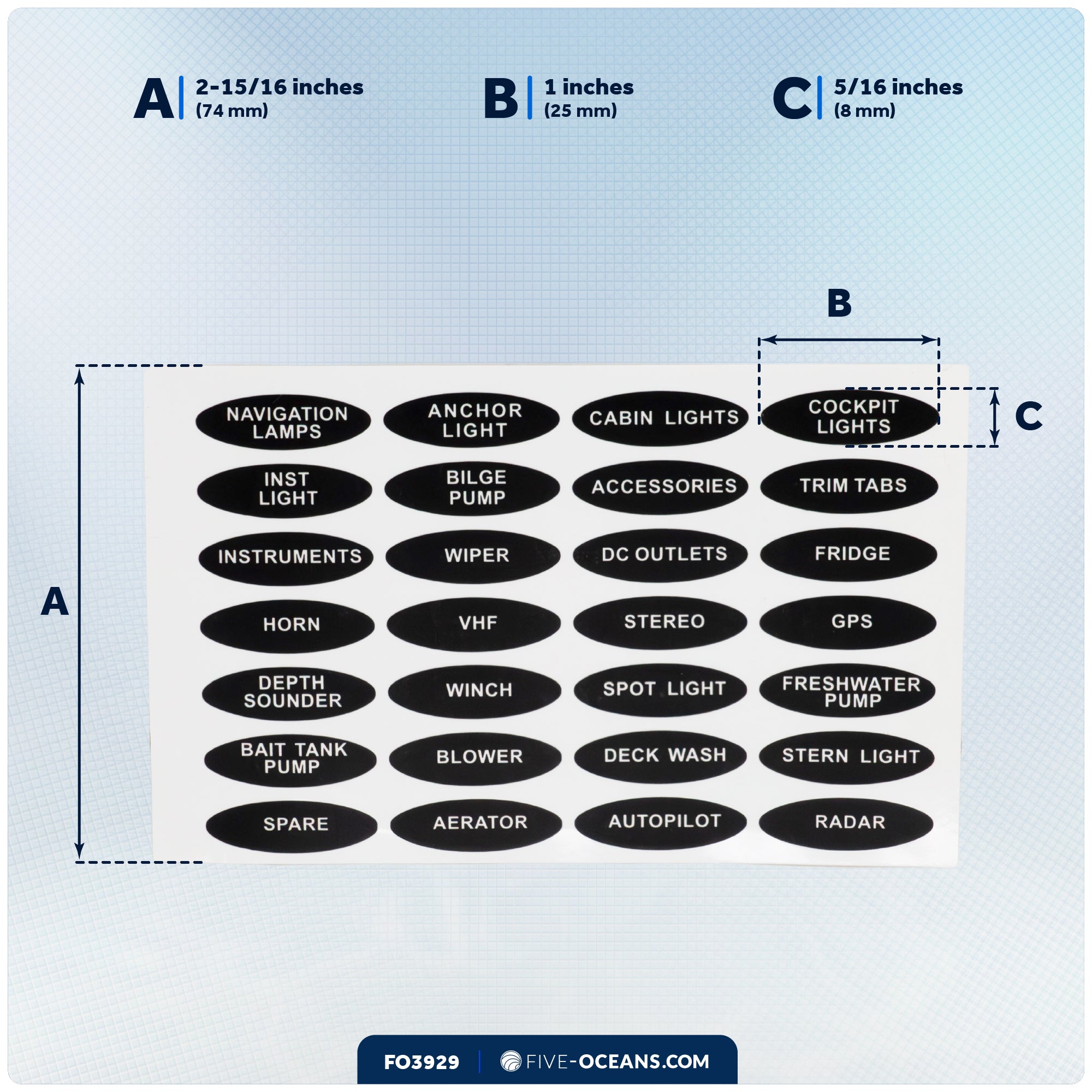 Oval Switch Panel Labels, 28 Pieces Per Sheet - FO3929 - Five Oceans