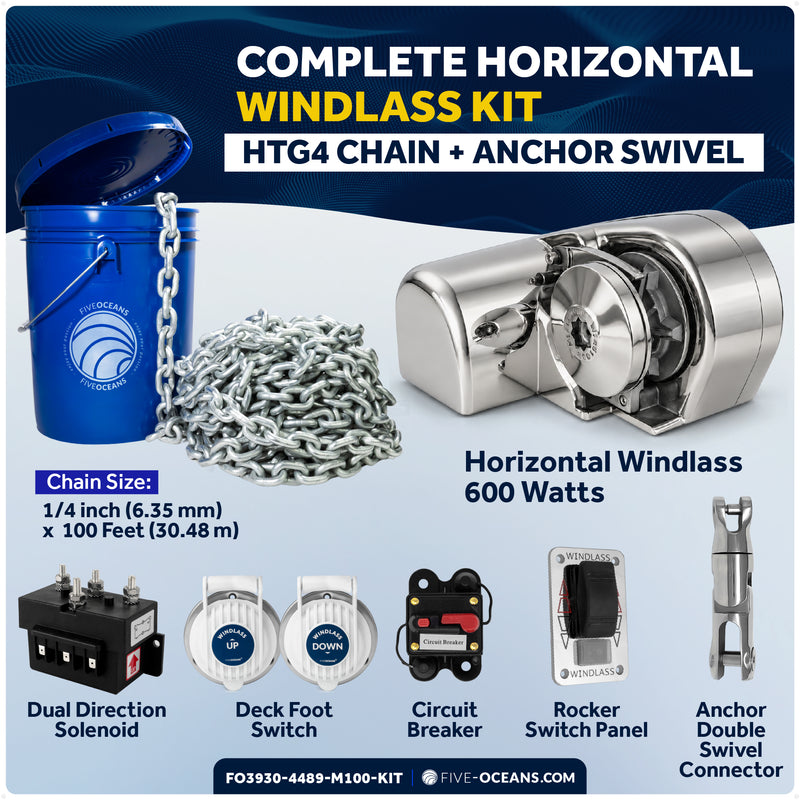 Windlass Rope Chain Kits Horizontal Boat Windlass 600W with 100' Galvanized Chain | FIVE OCEANS ...