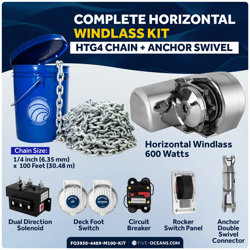 Horizontal Windlass Kit 600W with 100' Galvanized Chain - FO3930-4489-M100-KIT - Five Oceans