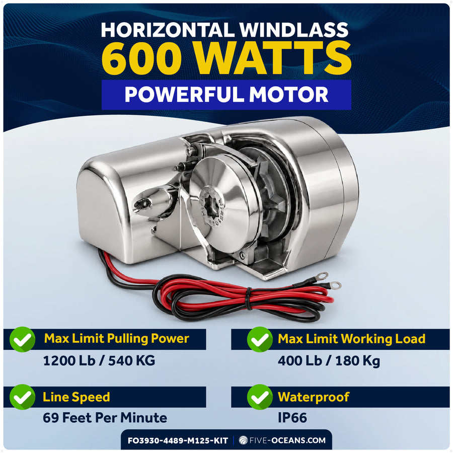 Windlass Kit - Atlantic 600 Series Horizontal, 600W, 12V, with 125' Galvanized Chain