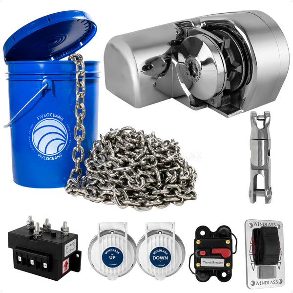 Horizontal Windlass 600W with 100' Stainless Steel Chain - FO3930-4492-M100-KIT - Five Oceans