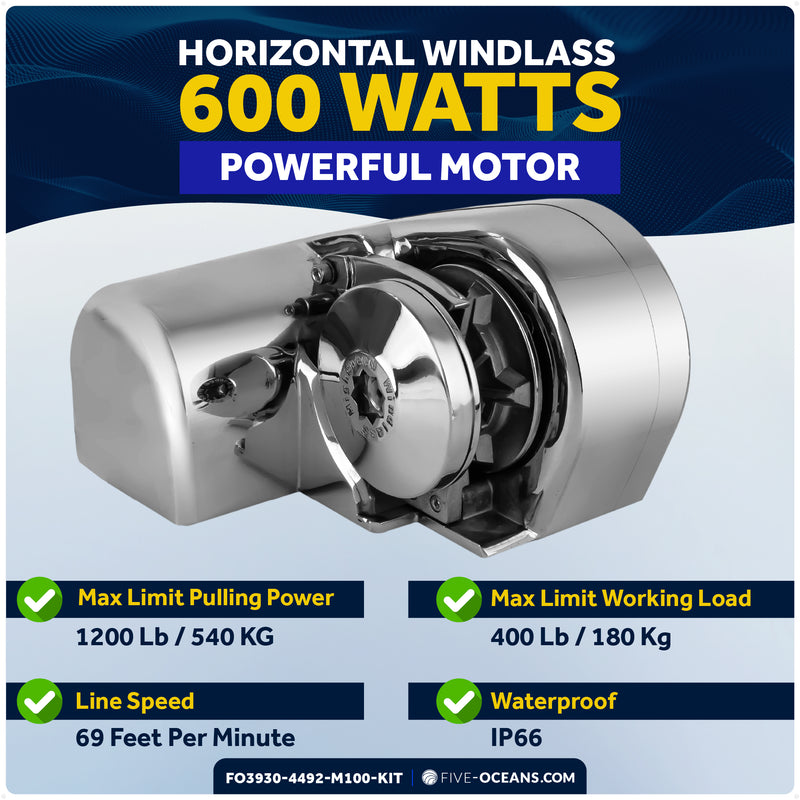 Horizontal Windlass 600W with 100' Stainless Steel Chain - FO3930-4492-M100-KIT - Five Oceans
