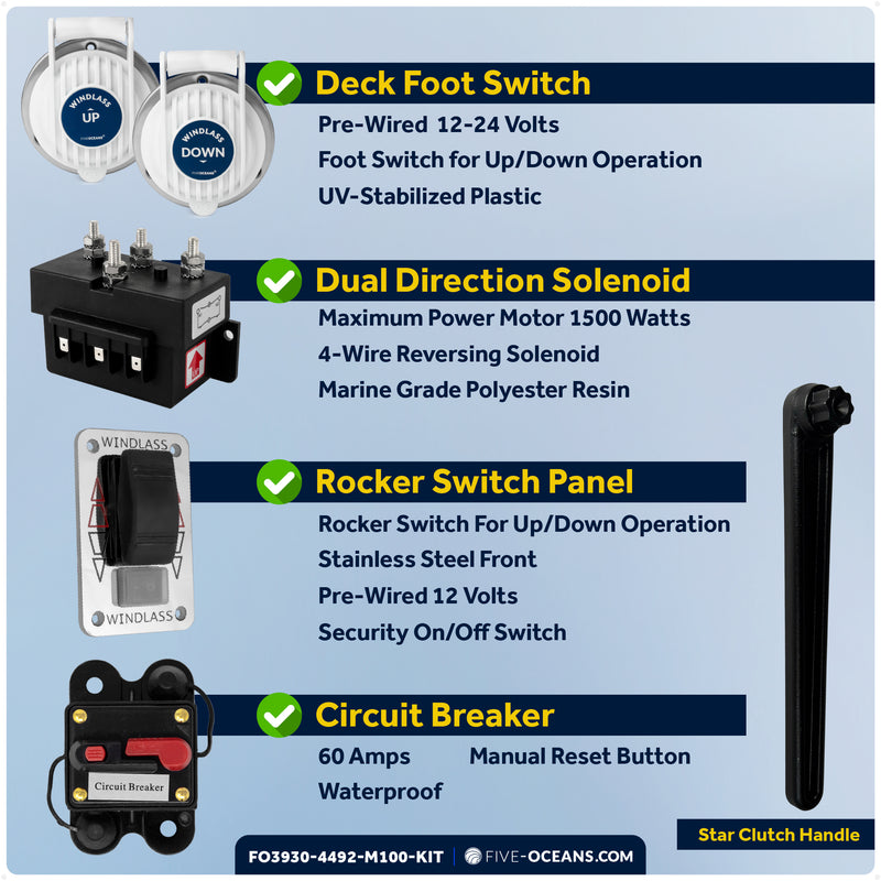 Horizontal Windlass 600W with 100' Stainless Steel Chain - FO3930-4492-M100-KIT - Five Oceans