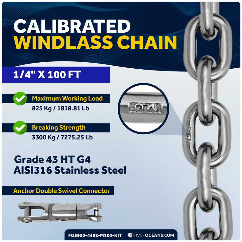 Horizontal Windlass 600W with 100' Stainless Steel Chain - FO3930-4492-M100-KIT - Five Oceans
