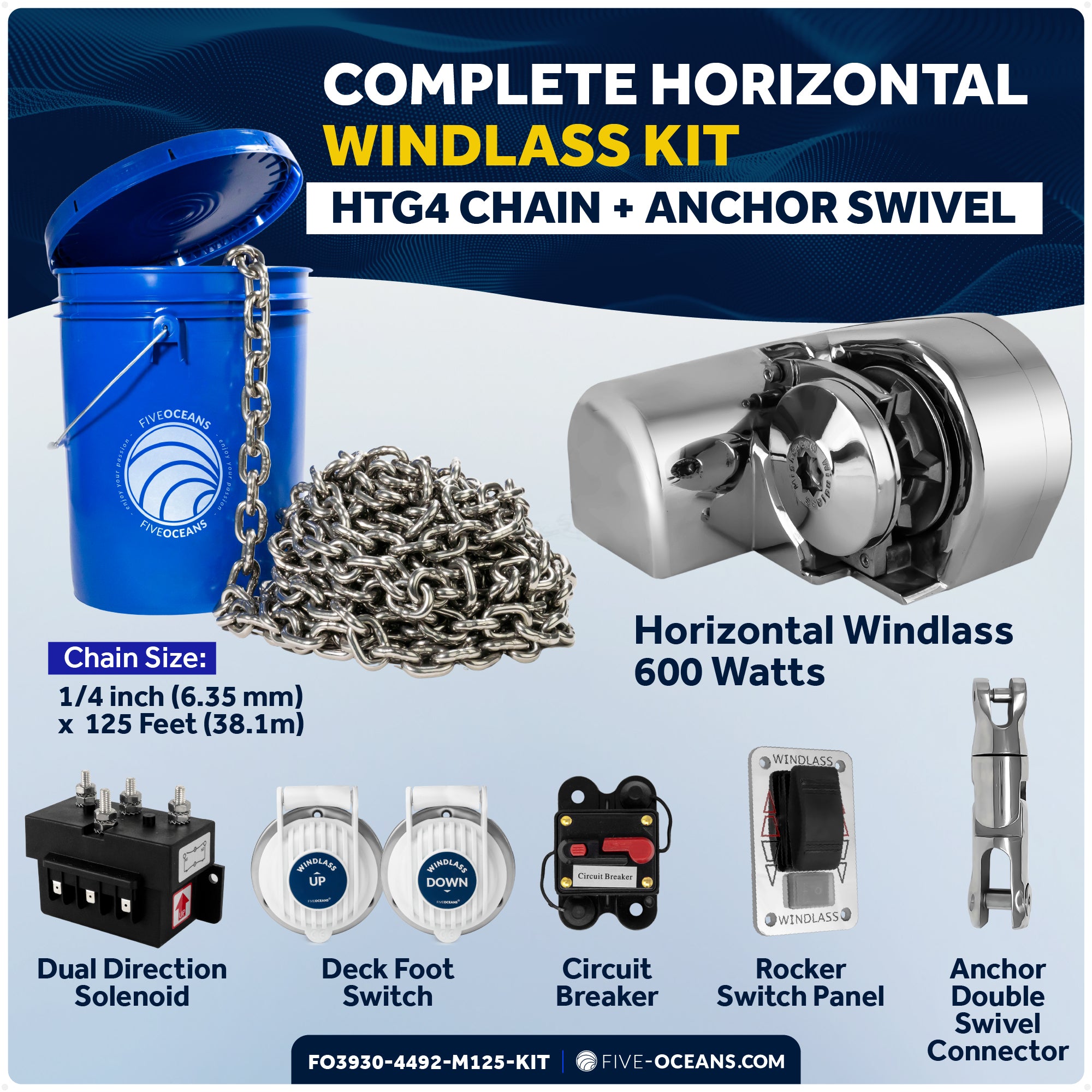 Horizontal Windlass 600W with 125' Stainless Steel Chain - FO3930-4492-M125-KIT