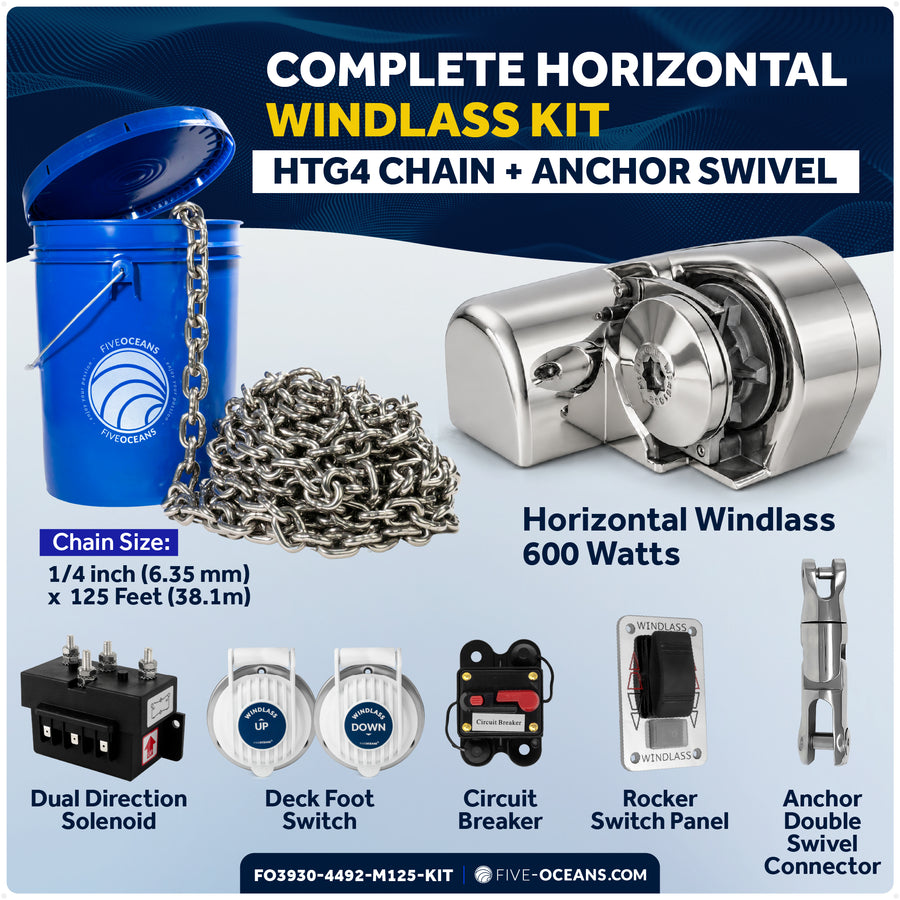 Windlass Kit - Atlantic 600 Series Horizontal, 600W, 12V, with 125' Stainless Steel Chain - Five Oceans