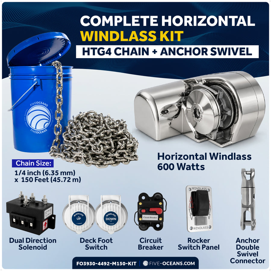Windlass Kit - Atlantic 600 Series Horizontal, 600W, 12V, with 150' Stainless Steel Chain - Five Oceans