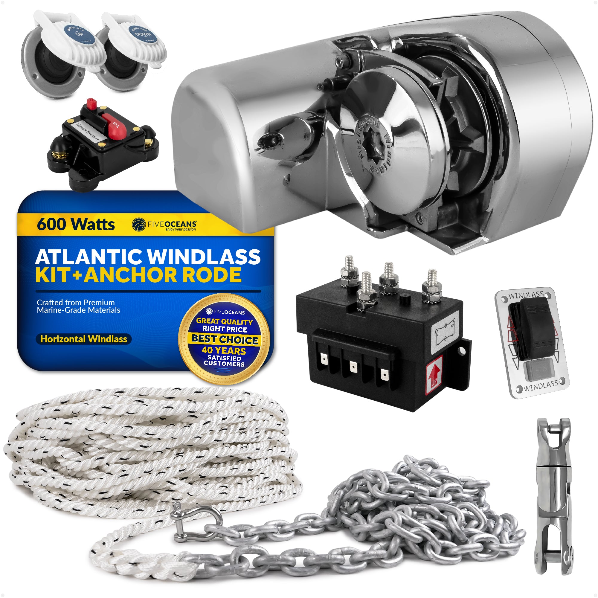 Atlantic Windlass Kit, Horizontal 600 Watts, 12V DC, 3-Strand Rope, Galvanized Steel HT G4 Chain, Swivel and Shackle - FO3930-C1 - Five Oceans