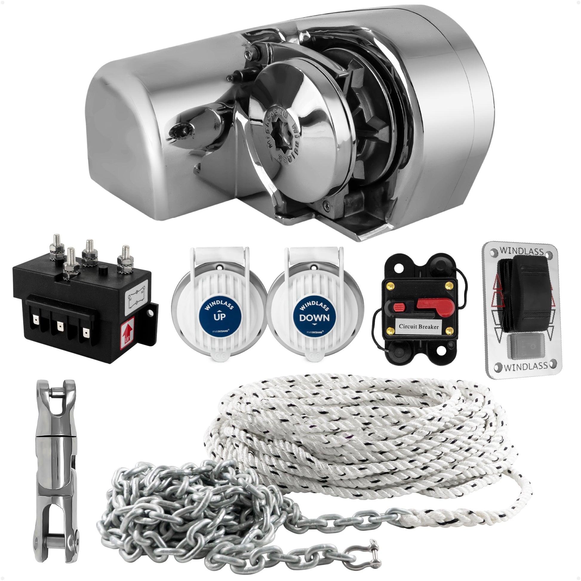 Atlantic Windlass Kit, Horizontal 600 Watts, 12V DC, 3-Strand Rope, Galvanized Steel HT G4 Chain, Swivel and Shackle - FO3930-C1 - Five Oceans