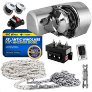 Atlantic Windlass Kit, Horizontal 600 Watts, 12V DC, 3-Strand Rope, Galvanized Steel HT G4 Chain, Swivel and Shackle - FO3930-C3 - Five Oceans