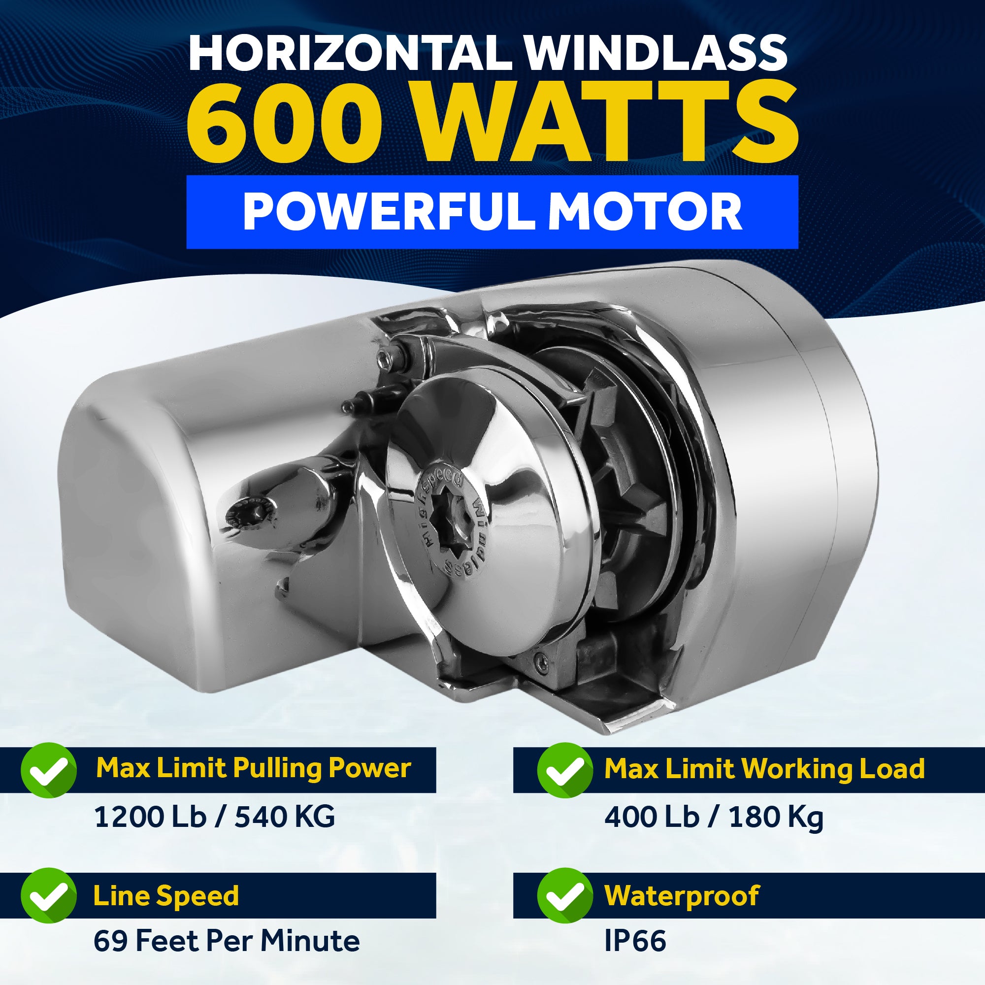 Atlantic Windlass Kit, Horizontal 600 Watts, 12V DC, 3-Strand Rope, Galvanized Steel HT G4 Chain, Swivel and Shackle - FO3930-C3 - Five Oceans