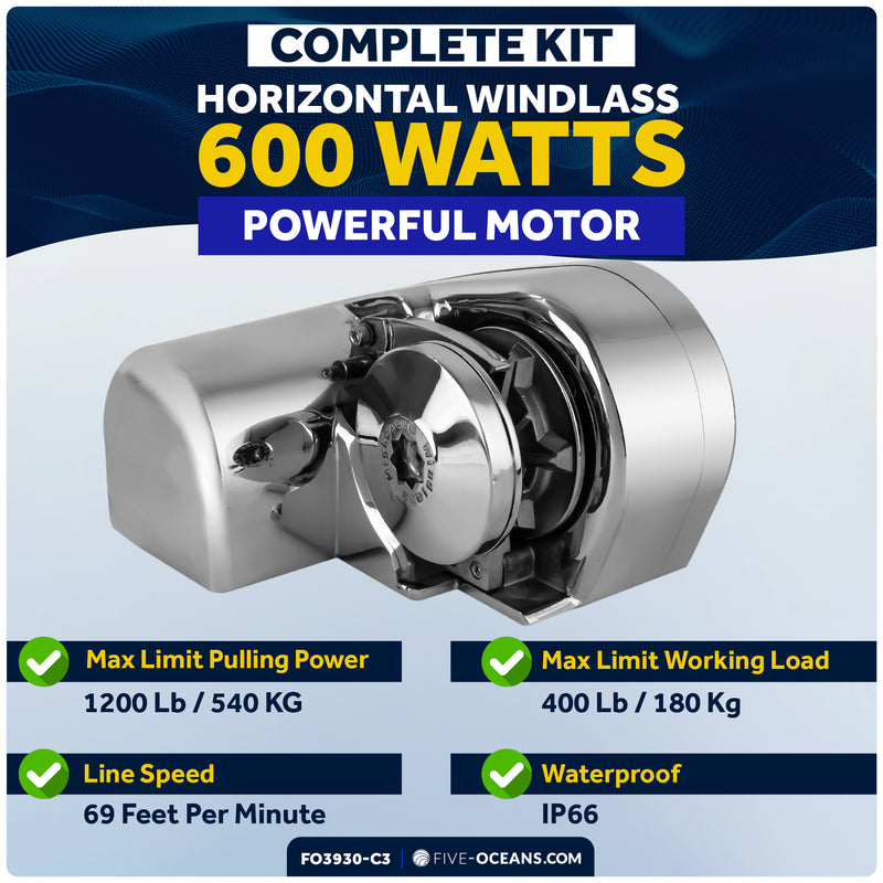 Horizontal Windlass Kit 600W, 12V with Anchor Rode & Swivel - FO3930-C3 - Five Oceans