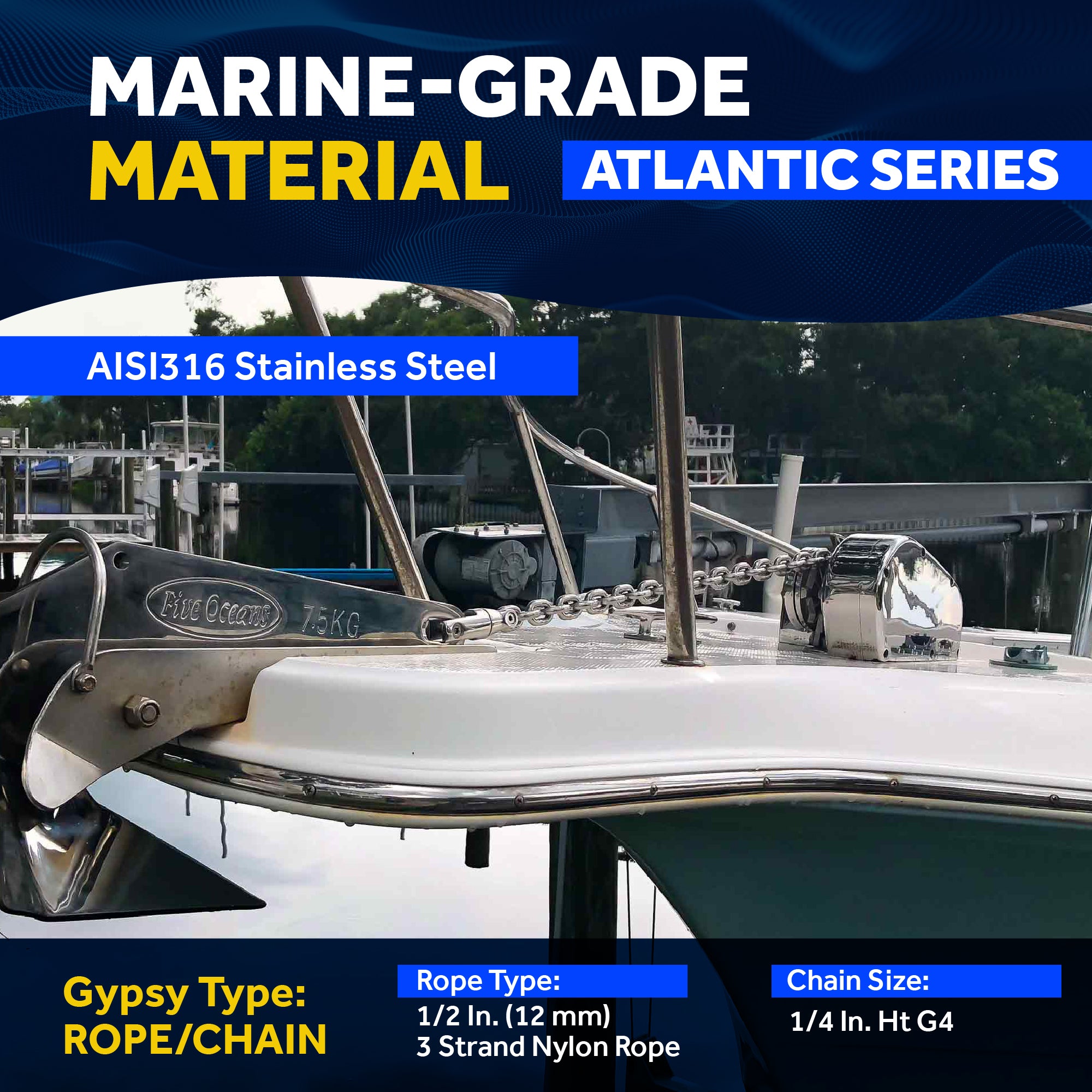 Atlantic Windlass Kit, Horizontal 600 Watts, 12V DC, 3-Strand Rope, Galvanized Steel HT G4 Chain, Swivel and Shackle - FO3930-C3 - Five Oceans