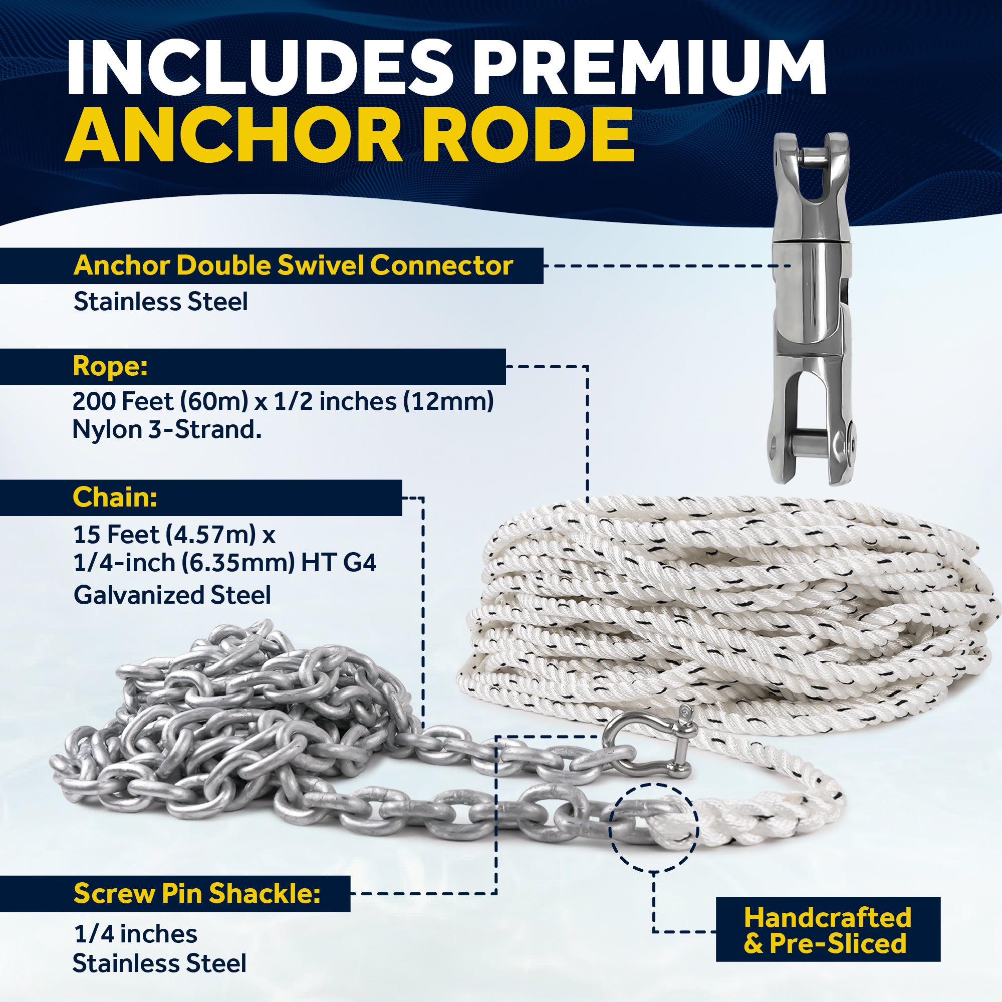 Atlantic Windlass Kit, Horizontal 600 Watts, 12V DC, 3-Strand Rope, Galvanized Steel HT G4 Chain, Swivel and Shackle - FO3930-C3 - Five Oceans