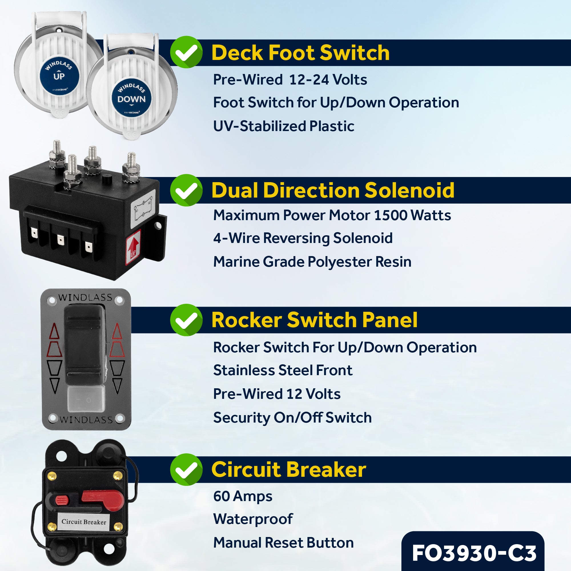 Atlantic Windlass Kit, Horizontal 600 Watts, 12V DC, 3-Strand Rope, Galvanized Steel HT G4 Chain, Swivel and Shackle - FO3930-C3 - Five Oceans